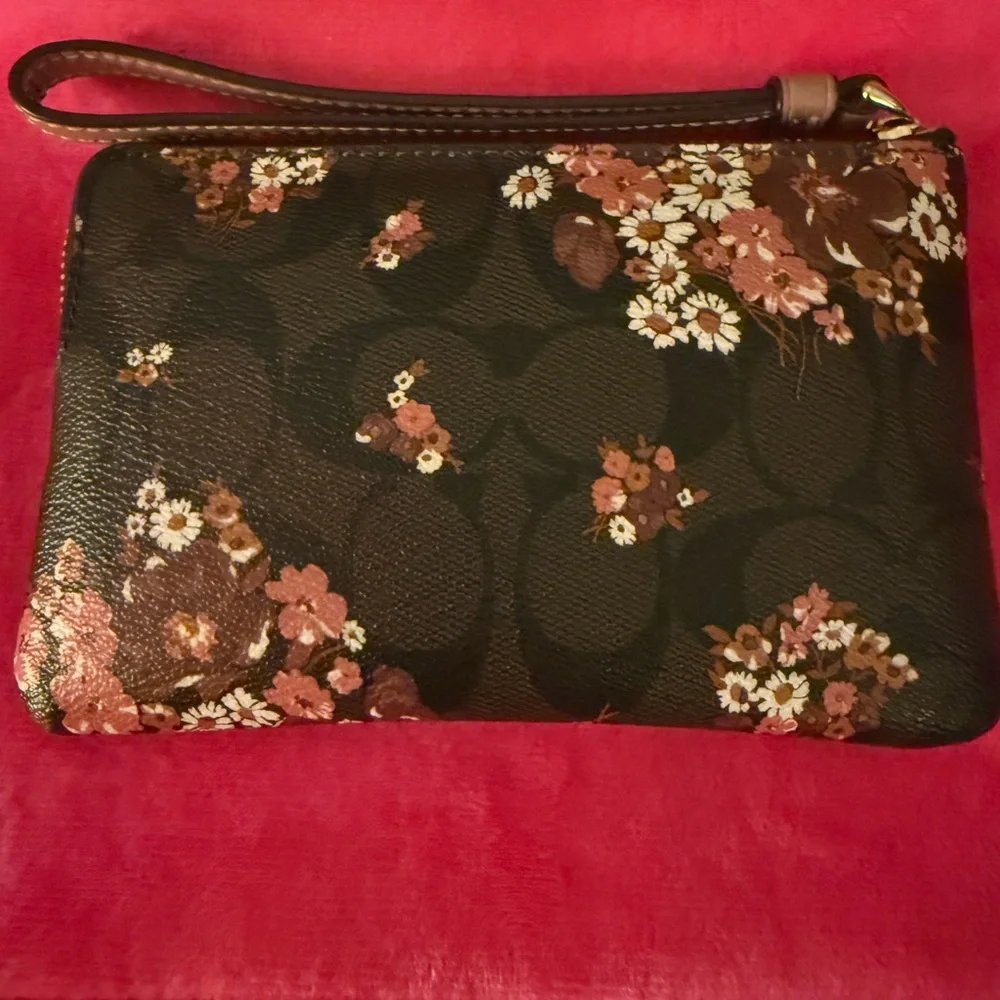 COACH Brown Floral Signature Wristlet with Gold Logo - Picture 2 of 3